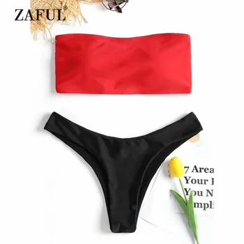 

ZAFUL Bikini Lace-up High Cut Thong Bikini Set Strapless Women's Swimsuit Sexy Bandeau Padded Swimwear Women Solid Swimming Suit