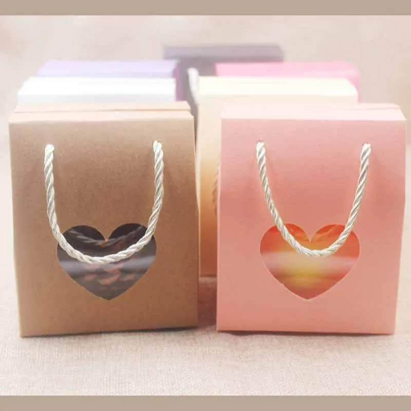 

10.5x8.9x6.7cm Feiluan 5pcs white/ivory/mei red/kraft/pink/fuchsia paper handle candy wedding with heart shape pvc window box