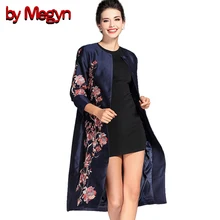 by Megyn M XXXL Satin Ethnic Floral Embroidery Trench Coat Long Outwear 2017 Spring Autumn Plus