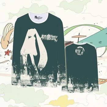 

Japanese spring and autumn Anime VOCALOID cos Hatsune Miku print Plus velvet thickening cartoon Miku Unisex green tops T shirt