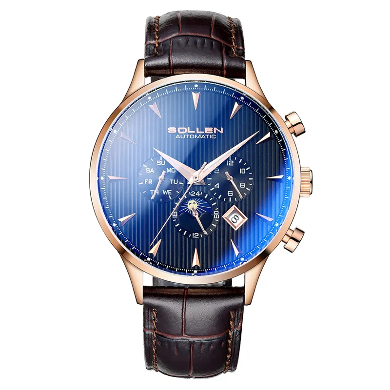 New Famous Brand SOLLEN Multifunctional Automatic Mechanical Watch Men Genuine Leather Luminous Waterproof Watches Relogio homem