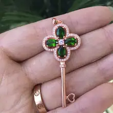 Природный синий сапфир камень кулон S925 серебро Природный зеленый диопсид кулон Цепочки и ожерелья модный счастливый клевер ключ женщин подарок ювелирные изделия