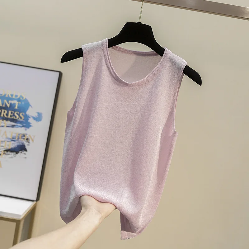 

New women knitted sling vest Korean round neck ice silk solid color sleeveless loose breathable bottoming shirt