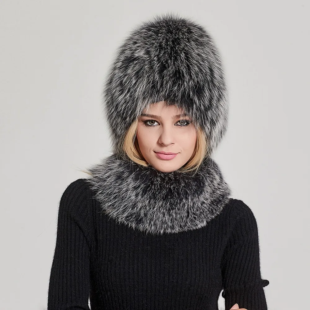 

Fur Story Women's Real Fox Fur Hat and Scarf Natural Fur Scarf and Beanie Hat Real Fox Fur Strip Sewed Together hats 17613