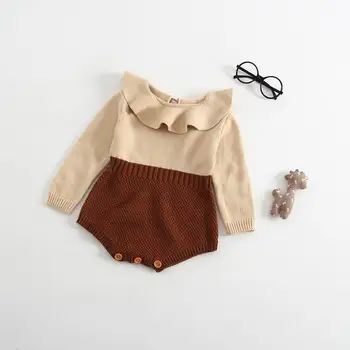 

Retail Spring Autumn Baby Girls Bodysuits Peter Pan Collar Knitted Cotton Long Sleeve One Piece Jumpsuits Overalls 0-3Y E71057