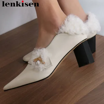 

Lenkisen new arrival genuine leather strange style high heels slip on classic square toe metal decoration office lady pumps L11