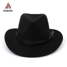 QIUBOSS, унисекс, для мужчин и женщин, ковбойская шляпа в западном стиле, джаз, модная декоративная лента, шерсть, фетр, шляпы с широкими полями, карнавал, Трилби сомбреро
