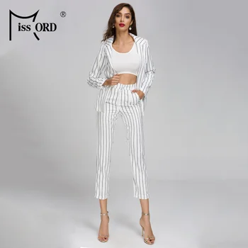

Missord 2020 New Summer Sexy Long Sleeve Striped Two Pcs Set Female Elegant Jumpsuit FT19293