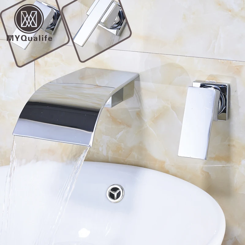 Single Lever Waterfall Spout Bathroom Sink Faucet Wall Mounted Chrome Dual Hole Washing Basin hot and cold Water Tap | Обустройство