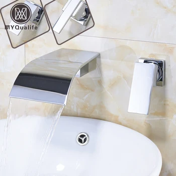

Single Lever Waterfall Spout Bathroom Sink Faucet Wall Mounted Chrome Dual Hole Washing Basin hot and cold Water Tap