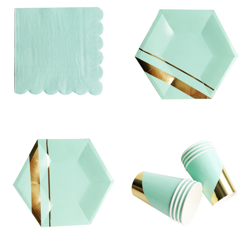 Mint Green Gold Blocking Striped Disposable Tableware Set