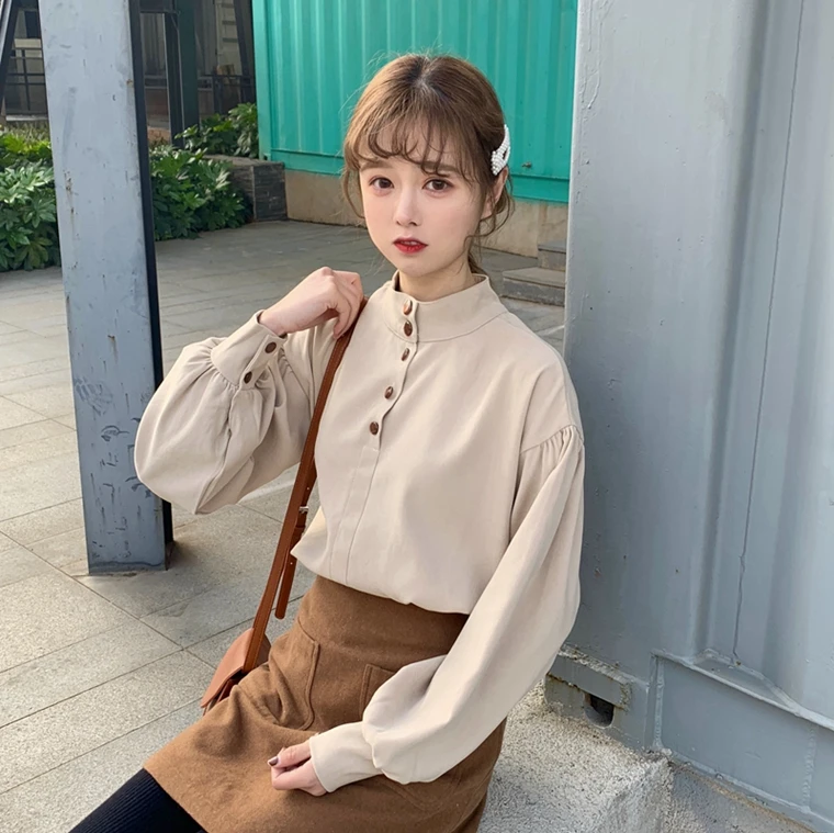  Lychee Girls Button Sweet Blouse Long Puff Sleeve Stand Collar Women Blouse Shirt Spring Autumn Off