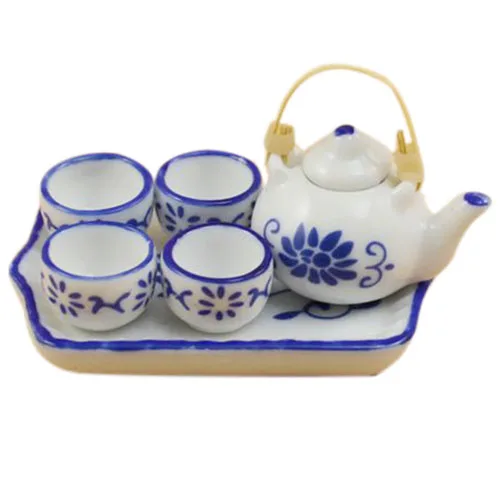 

Dollhouse Miniature Porcelain White and Blue Kung Fu Tea Set (Color: White)