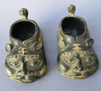 

Chinese Ancient Bronze Carving Tiger Head beast Statue Shoes Shoe Pair