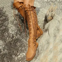 Новое поступление осенне-зимних модельных туфель женские сапоги с круглым носком и вырезами, акция, высокие сапоги до бедра на плоской подошве со шнуровкой