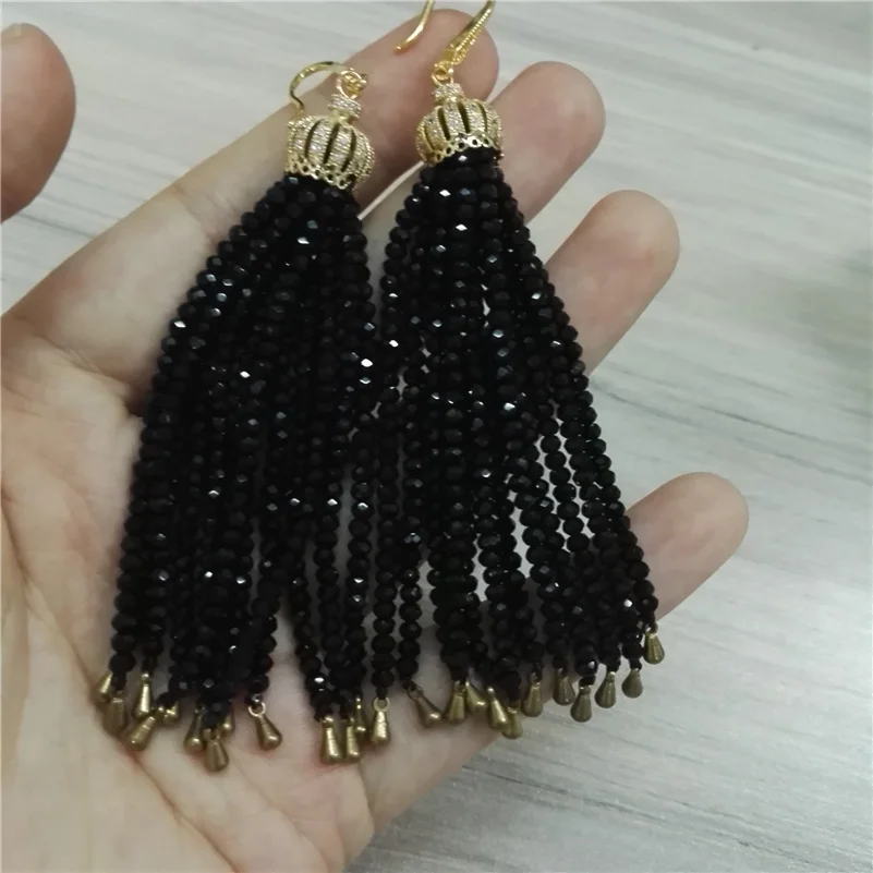 

bohemia cz zirconia crown charms golden metal tail beads black 12 rows strips tassels 10cm dangle earrings wedding party jewelry