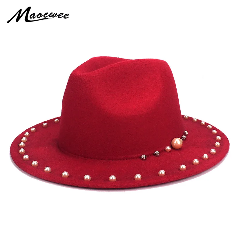 

Unisex Wool Fedoras Hat with Pearl Striped Ribbon Men Women Jazz Cap Black Red Felt Trilby Hat Cap Formal Party Caps Panama Hat