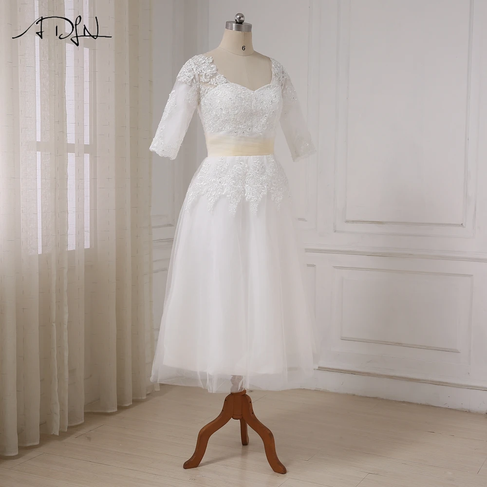 Half Sleeves Tea Length Beaded Applique Tulle Short Wedding Dress in Wedding dresses