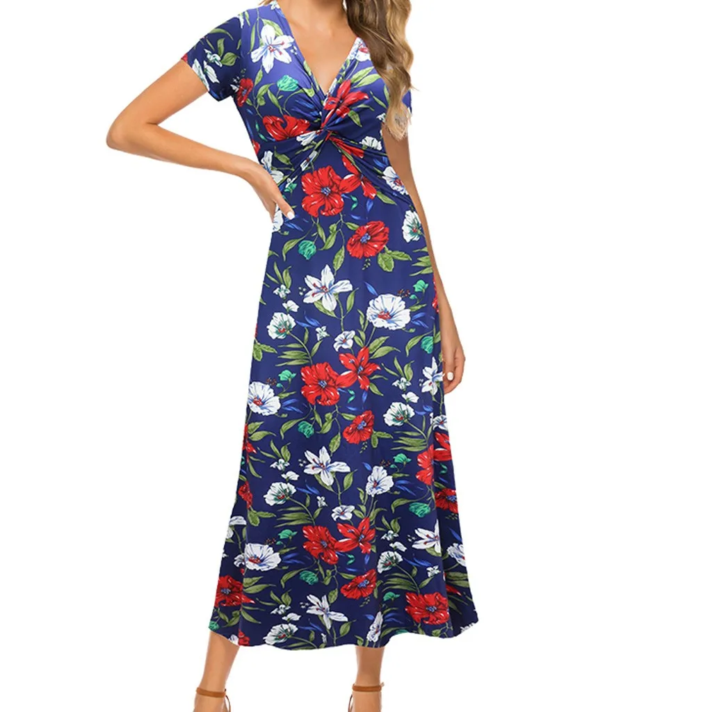 

2019 New Women Summer V Neck Vintage Boho Long Maxi Floral National Chiffon Dress Party Beach Dress Floral Sundress#J30