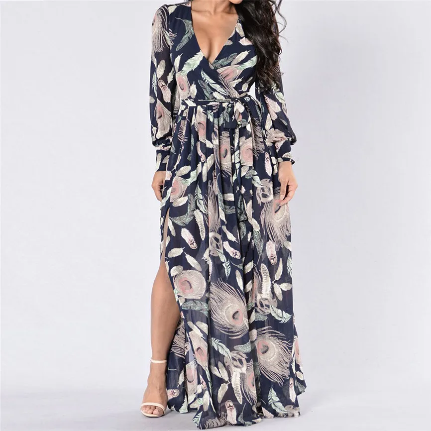 

Vestidos Verano 2019 Women V-Neck Long-Sleeved Printed Boho Long Double Slit Large Size Elegant Party Night Long Dress *21
