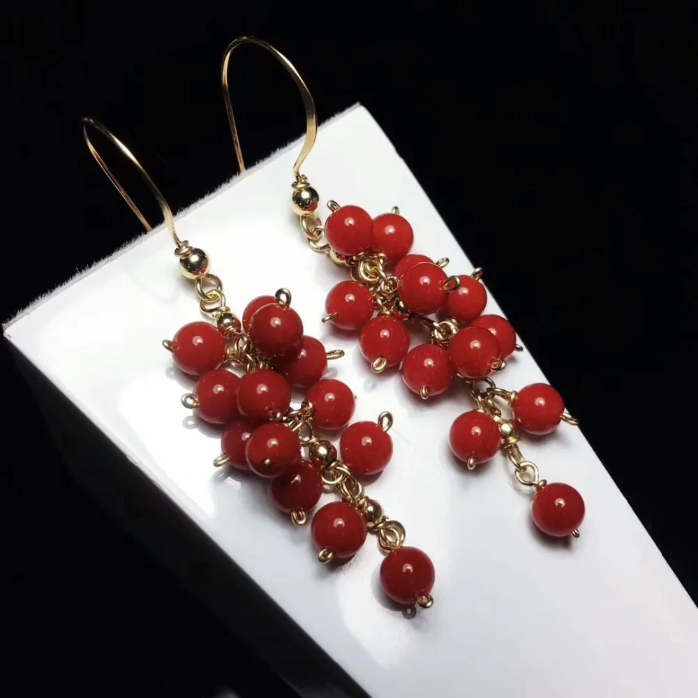 Natural Material Red Coral Drop Earrings 9k Gold For Women Wedding Fine ...