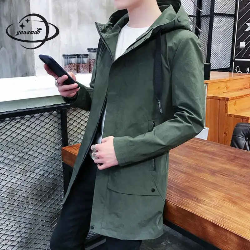 

YAUAMDB men trench coat 2018 spring autumn size M-4XL male hooded jacket overcoat clothing man long windbreaker clothes y139