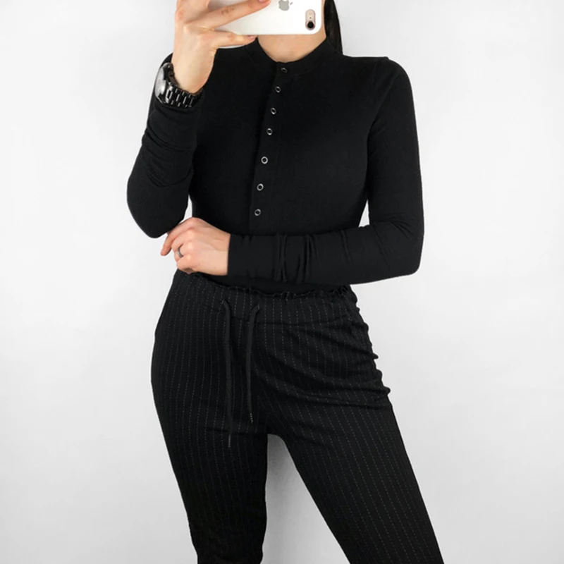 Wixra طويلة الأكمام داخلية زر الصلبة Playsuits جميع قاعدة مباراة Bodycon الإناث الشتاء الربيع قمم الملابس النسائية