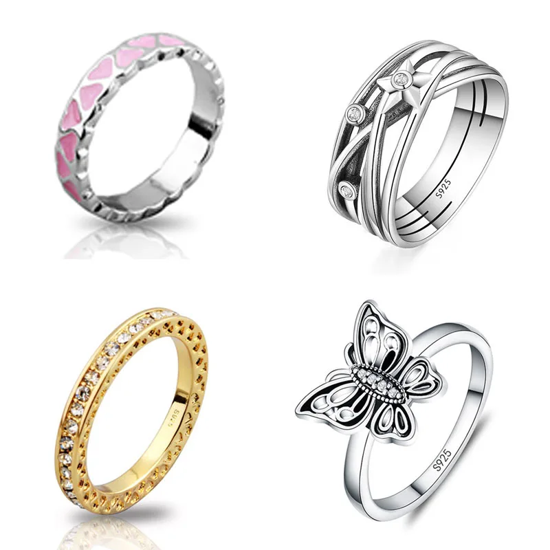 

925 Sterling Silver Rings Charm Pink Love Butterfly Crystal Wedding Ring For Women Jewelry