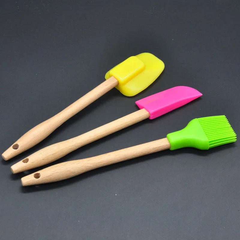 

3 Pcs/set Colorful Silicone Pastry Spatula And Brush With Natural Wood Handle Kitchen Baking Tools
