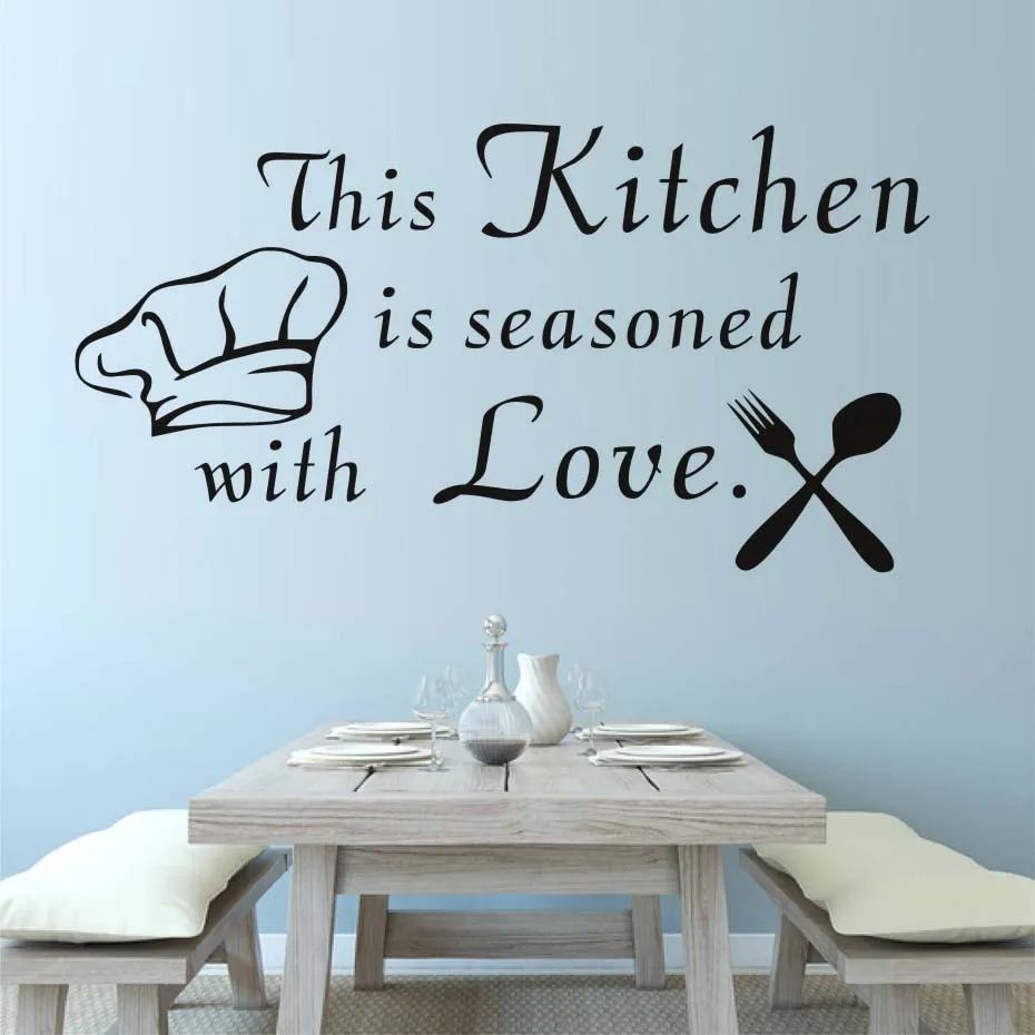 Kitchen Wall Sticker His Kitchen Is Seasoned With Love Cutlery And Chef Hat,Large Graphic Vinyl Wall Art Decor Decal Stickers
