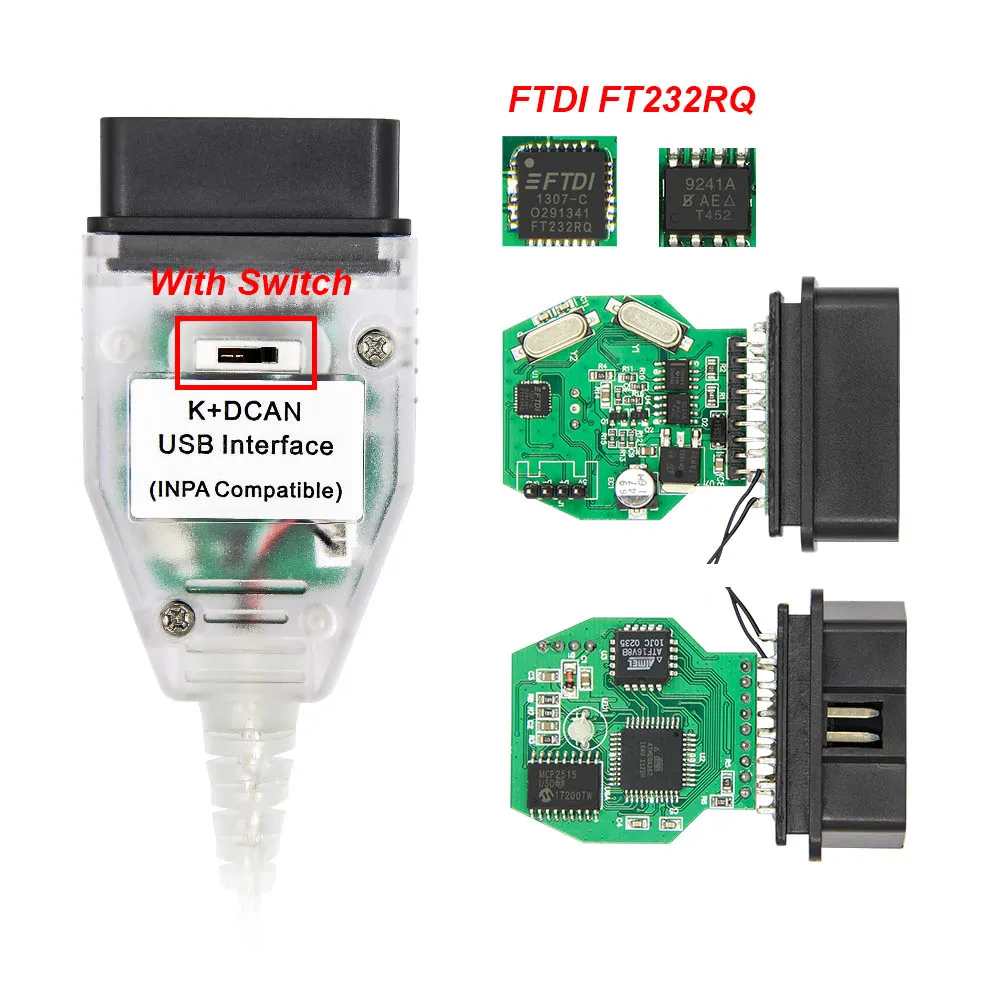 INPA для BMW K+ DCAN переключатель FTDI FT232RQ/FT232RL чип OBD OBD2 диагностический инструмент INPA K+ CAN USB диагностический сканер с переключателем - Цвет: RQ Switch White