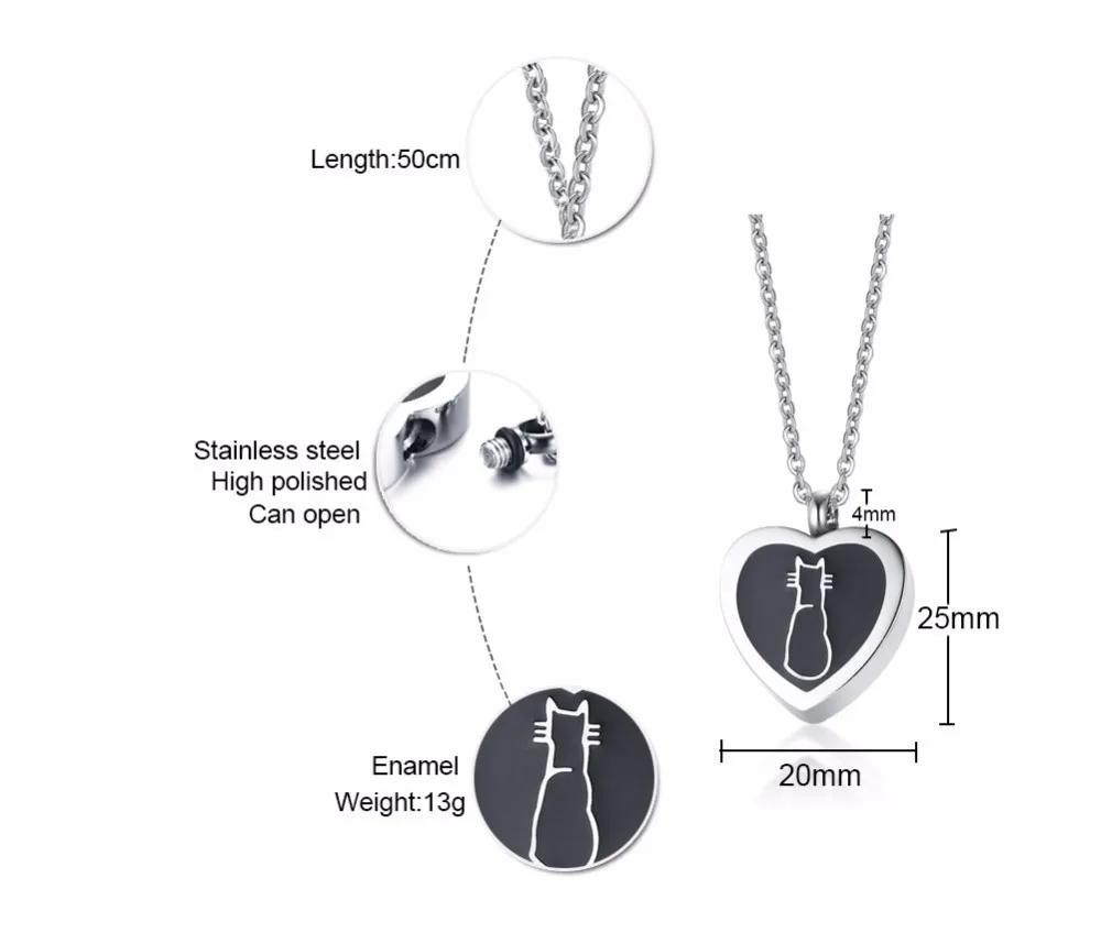Ювелирные изделия для кремации, подвеска-урна из нержавеющей стали для пепла, черная кошка на сердце, котенок, украшение на память, 20 дюймов