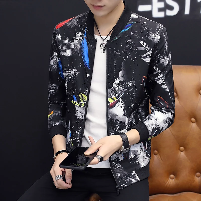 

2019 The new Spring autumn Mens Fashion Black and white feather printing Outerwear Men' S Thin Jackets Casual trend Coat