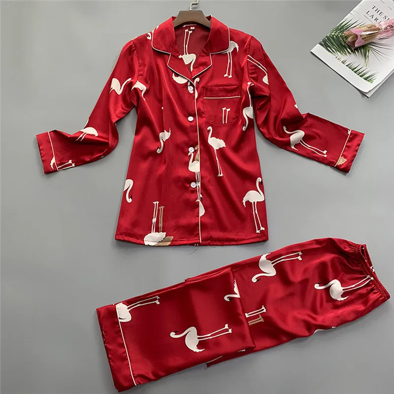 Новинка, модная женская летняя пижама с длинным рукавом, ночная рубашка с принтом, сатиновый топ, брюки, комплекты, темно-синий, красный, розовый цвет, размеры M, L, XL - Цвет: C