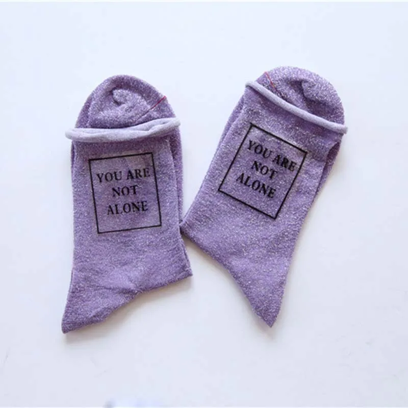 [WPLOIKJD] забавные носки в Корейском стиле с надписью «ты не один», креативные блестящие женские носки в стиле Харадзюку, Calcetines Mujer Divertidos