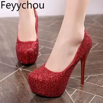 

Women's Pumps Super High Heels Round Toe Slip on Sequined Cloth Platform Thin Heel 2019 New Sexy Fashion Casual Party Black Red