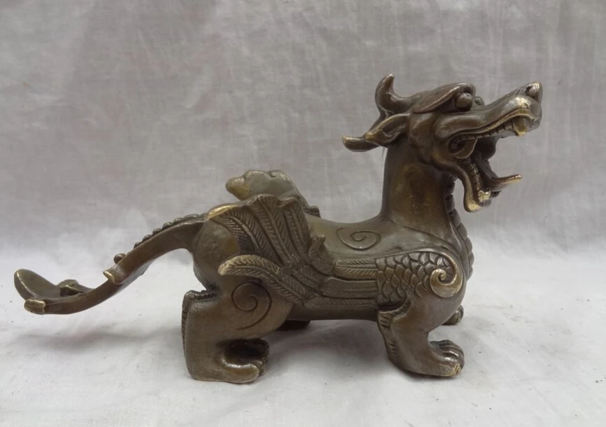 

S2427 Chinese Copper Bronze Collect Protect FengShui Fly Kylin Dragon Unicorn Statue D0317