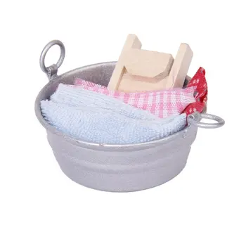 

MACH Dollhouse Miniature Laundry Tub with Wooden Washboard Towel Set