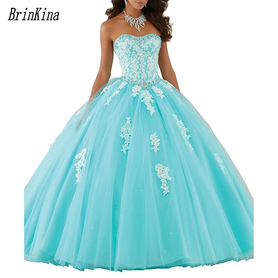 

Brinkina Plus Size Girls Dresses 15 Years Ball Gown Aqua Puffy Tulle White Lace with Crystals Quinceanera Dresses 2019