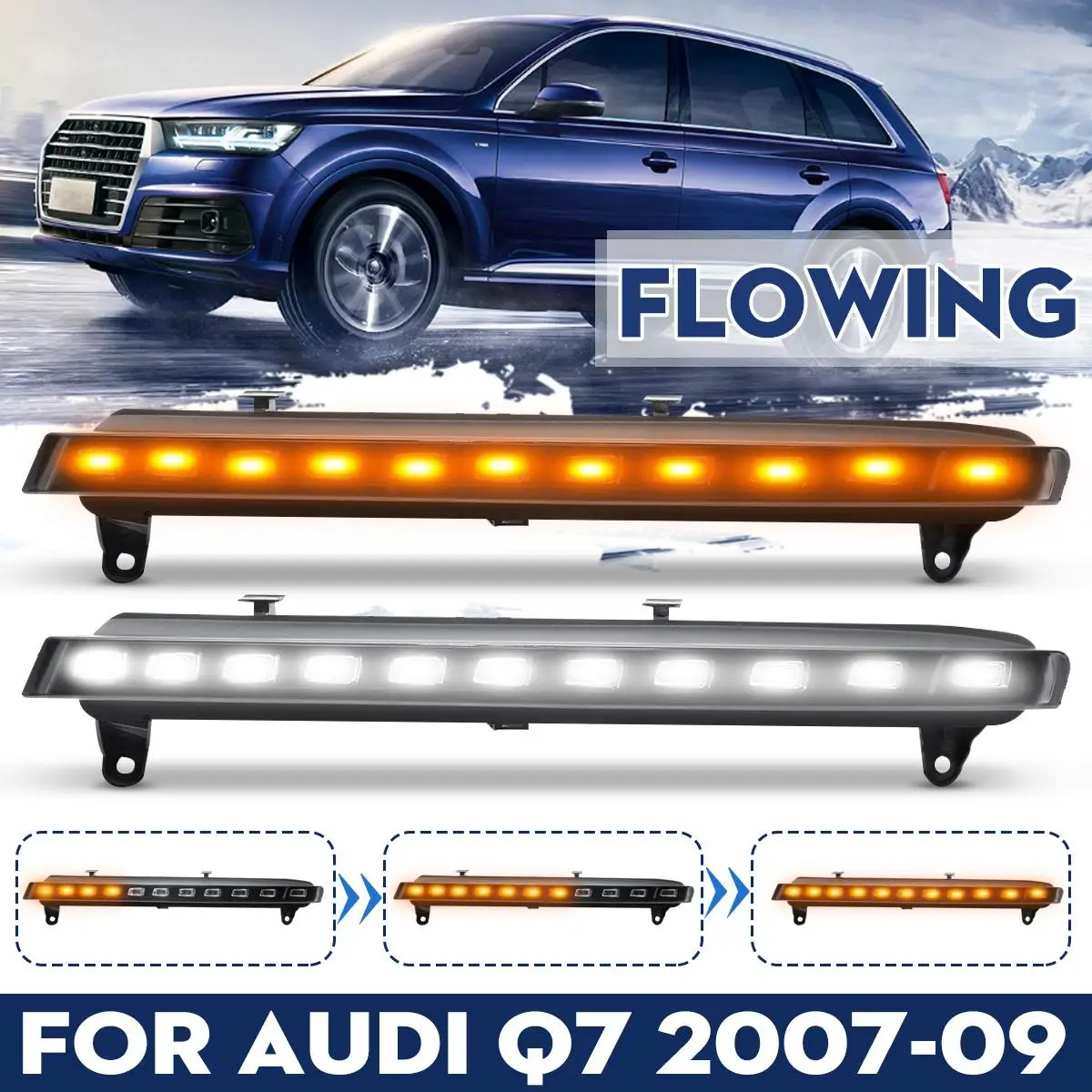 flowing light Пара автомобилей DRL водонепроницаемый 12 В Светодиодный дневной ходовой светильник противотуманная фара лампа для Audi Q7 2006 2007 2008 2009 желтый сигнал поворота функция - Цвет: flowing light