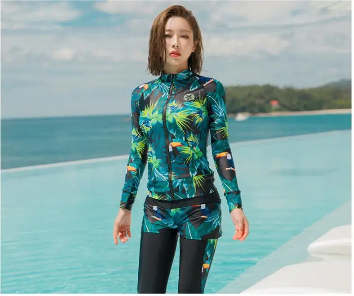 Корейский стиль 5 шт. костюм для серфинга для женщин УФ Защита купальники бикини+ рубашка на молнии+ брюки+ шорты женский костюм для подводного плавания