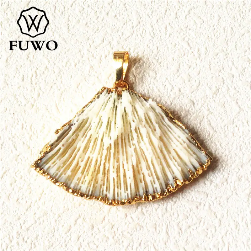 

FUWO Natural White Coral Pendant With 24K Gold Trimmed arc-shaped Coral Shell Boho Jewelry Fittings Wholesale PD566