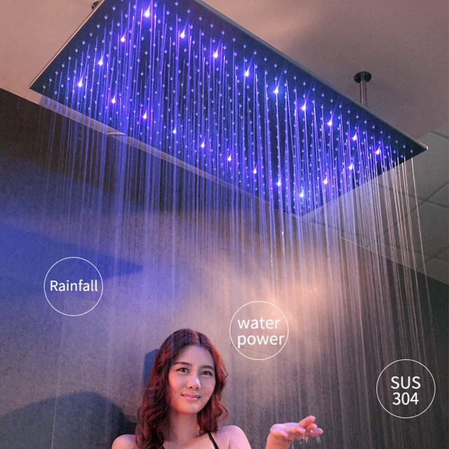 Water Power LED Light Showerheads Rainfall 304 Stainless Steel 600