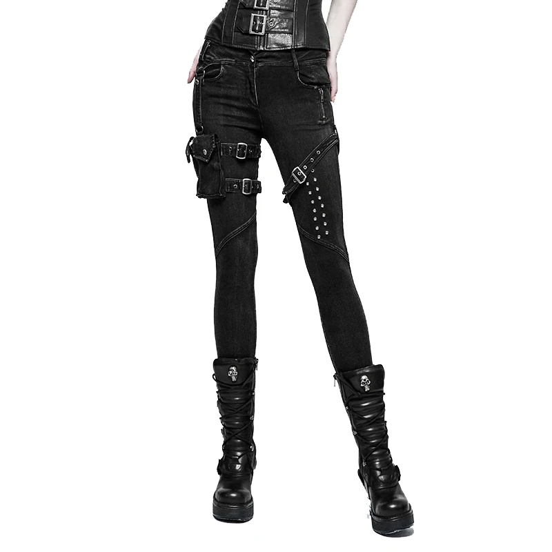 Женские брюки в стиле панк, черные узкие брюки-карандаш, светильник, крутые джинсы с заклепками, винтажные длинные штаны в стиле рок-ролл, джинсы для девочек