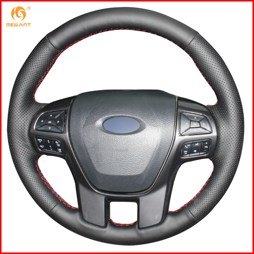 MEWANT Black Genuine Leather Car Steering Wheel Cover for Ford Ranger