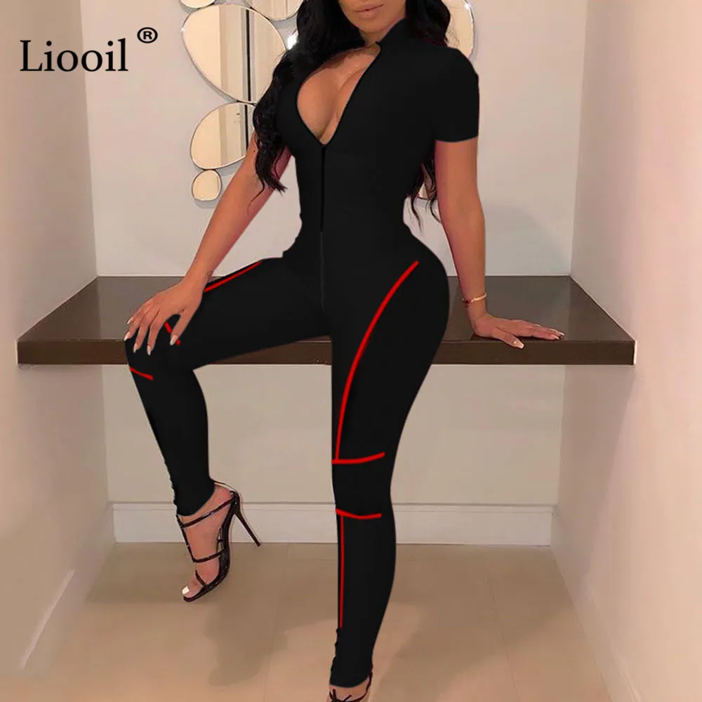 

Liooil Patchwork Striped Sexy Bodycon Jumpsuits For Women 2019 Short Sleeve Zipper Party Club Rompers Womens Jumpsuit Overalls