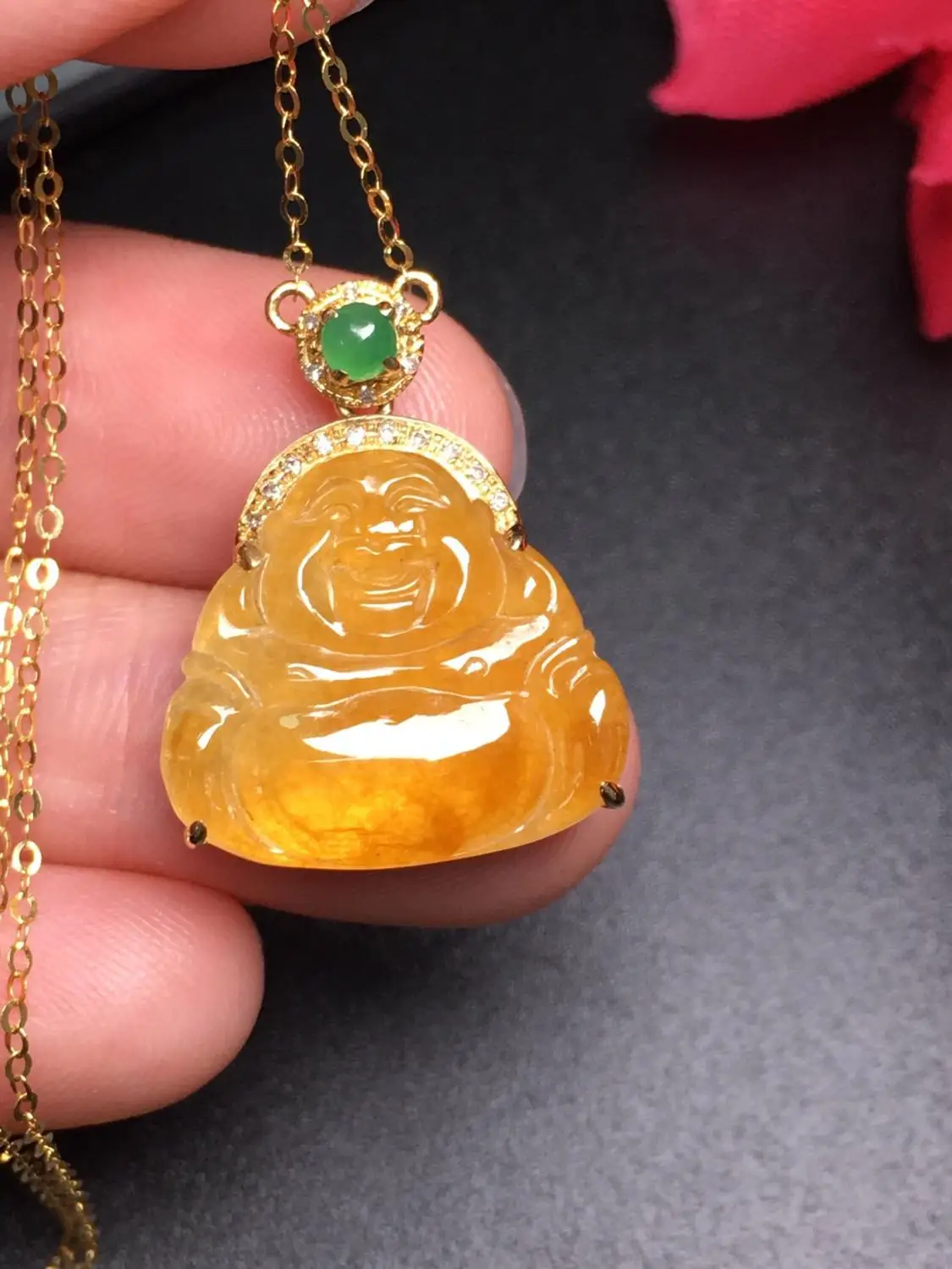 

706 Fine Jewelry Pure 18K Yellow Gold Diamonds Burmes Origin Buddha Natural Yellow Jade Female's Women Pendants Necklaces