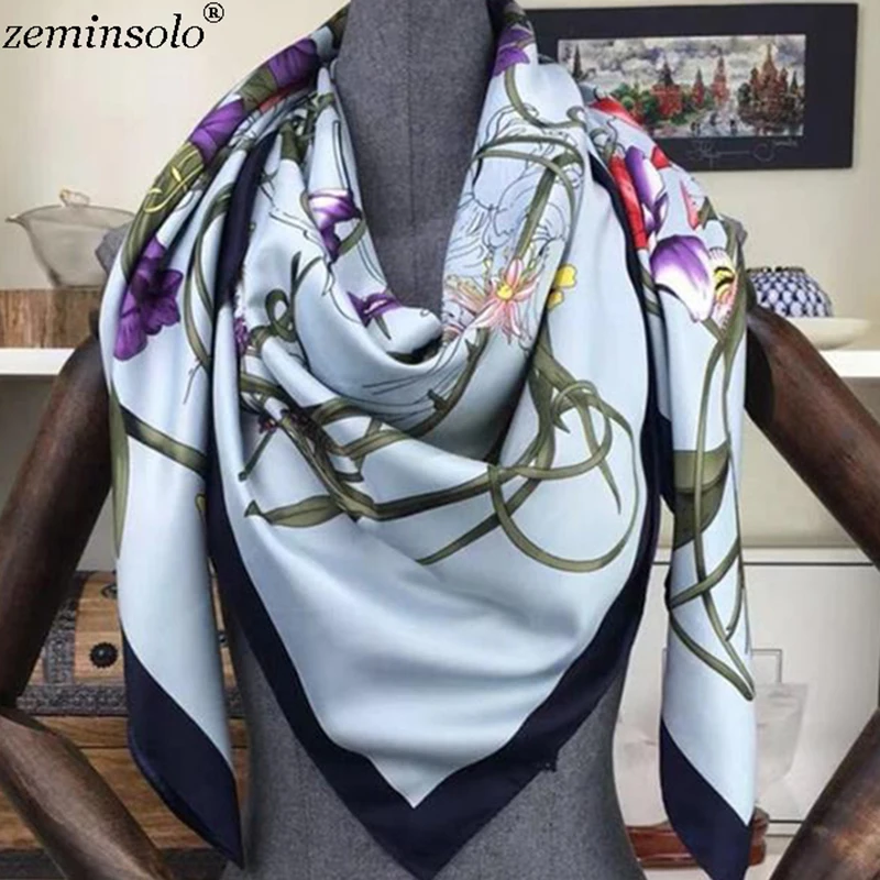 Square 100% Twill Silk Scarf Bandana Women Shawls 130*130cm Bufanda Large Floral  Printed Scarves Stoles Scarf Kerchief Hijab