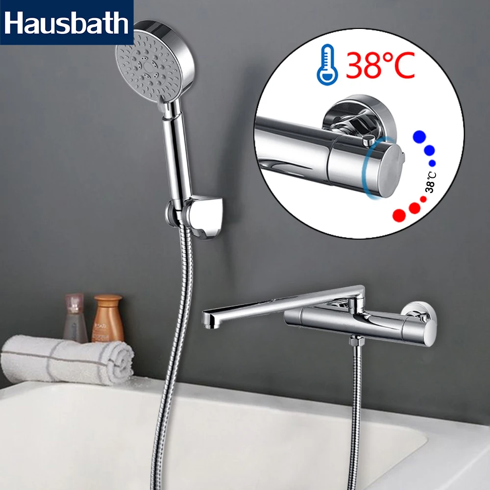 

Thermostatic Faucet Shower Faucet Bathtub Tap Long Straight Spout With 5 Function Shower Head Body Bathroom Water Saving