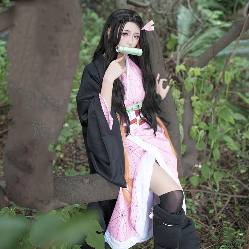 Аниме Demon Slayer Kamado Nezuko Косплей костюмы Kimetsu no Yaiba женское Розовое Кимоно на Хэллоуин